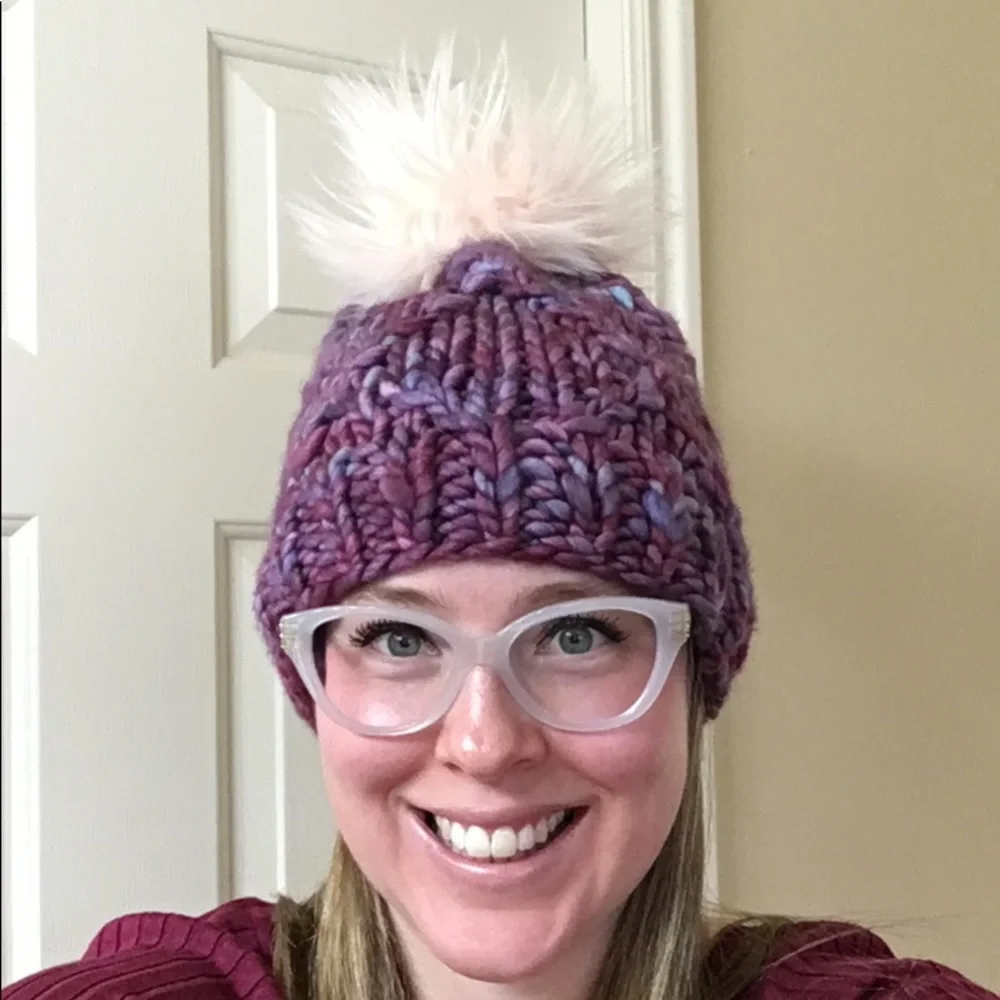 Hand Knit Merino Wool Beanie Hat With Faux Fur Pom